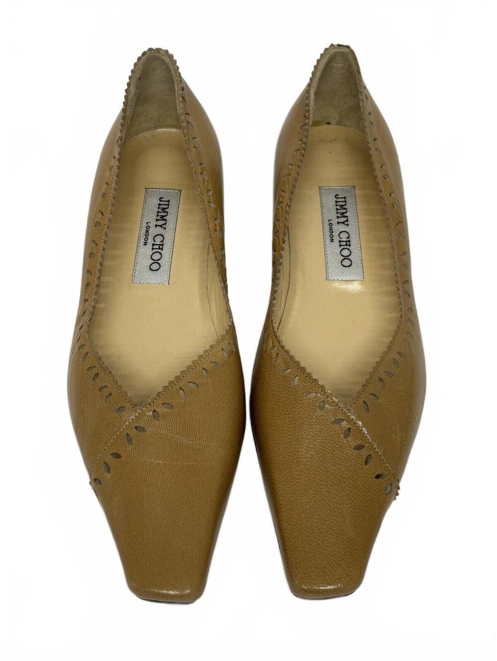 Vintage Jimmy Choo Laser Cut Tan Leather Pointed V-Neck Flats Size 36.5